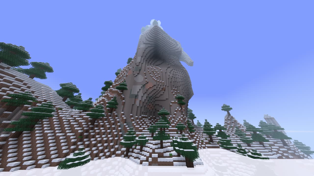 Snowy VoxeLibre mountain with spruce trees under a blue sky